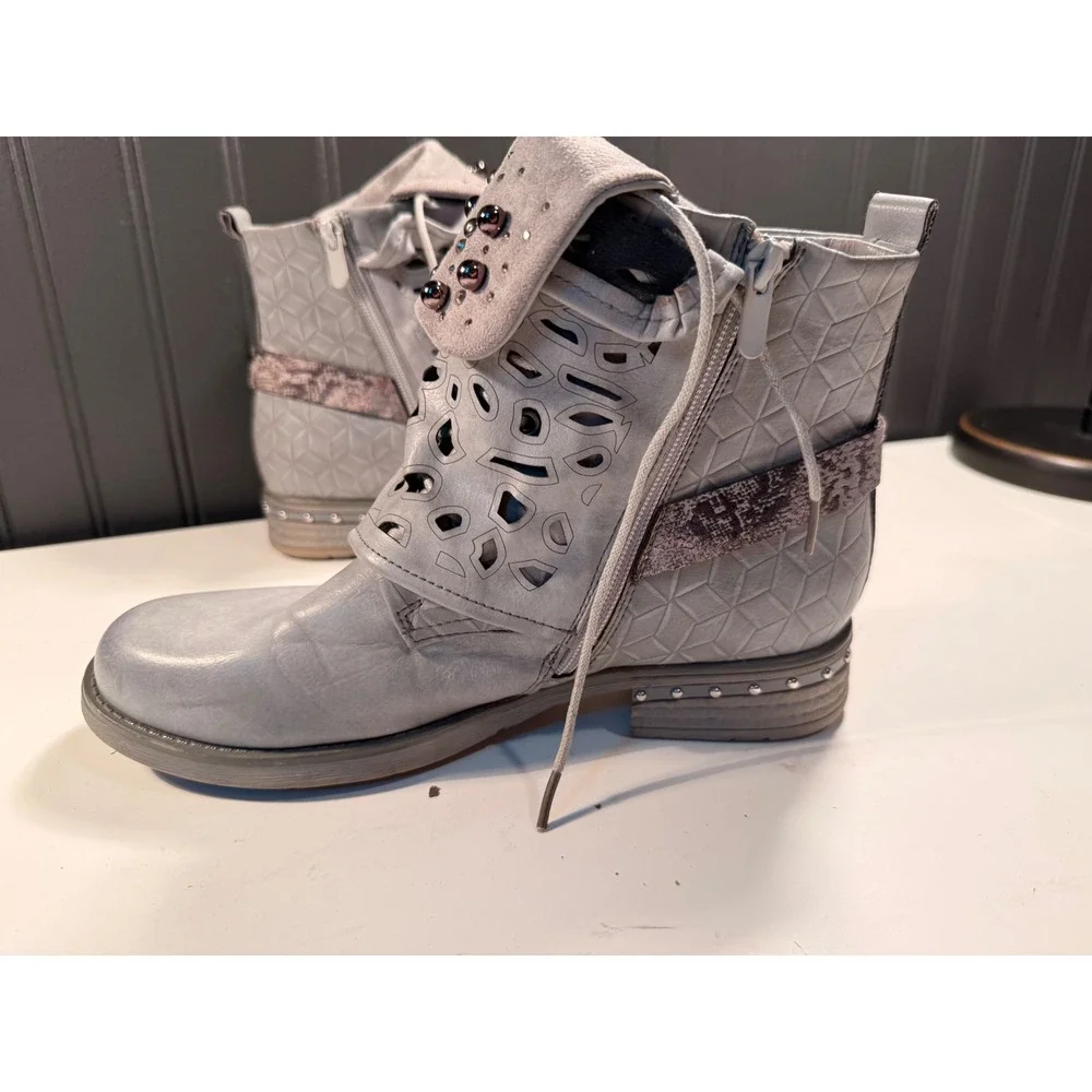 Lala Iaki Grey Studded Laser Cut Ankle Boots EU 40 Snakeskin Strap Buckle Zip
